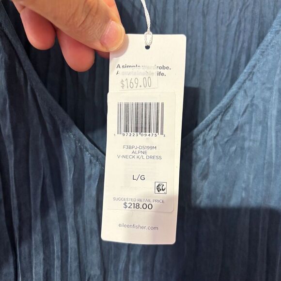 NWT Eileen Fisher Womens Tiered Dress Blue L Crushed Cupro V Neck Sleeveless - Picture 4 of 7
